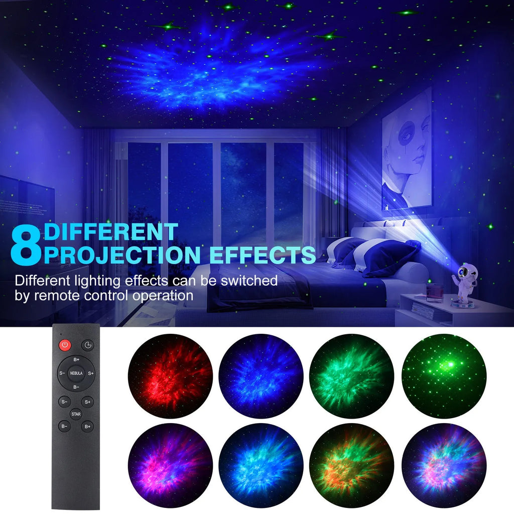 Exit Astronaut Starlight Projection Lamp 22.5cm in white on a surface projecting northern lights onto ceiling