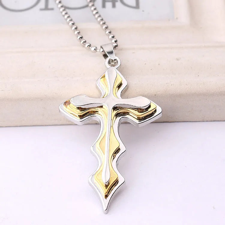 Men's three-tiered blue and black cross pendant necklace on 50cm round bead chain