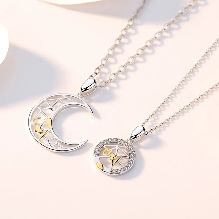 Sun Moon Tooth Couple Necklace with electroplated copper pendant and cross chain in celestial design
