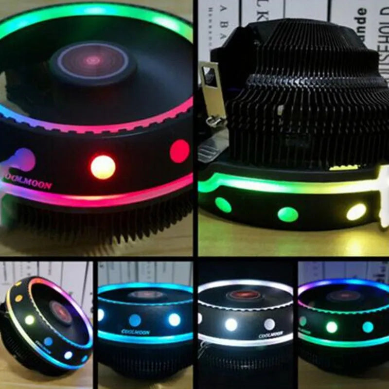 Black CPU heat sink with aluminium fins and colour changing fan for desktop PC cooling
