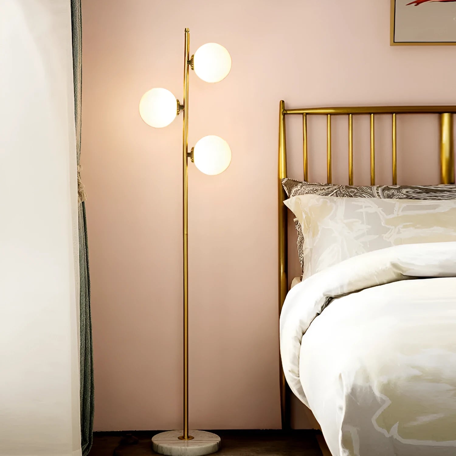 Creative minimalist floor lamp with gold aluminium alloy frame and glass detail, 155cm height, warm LED light