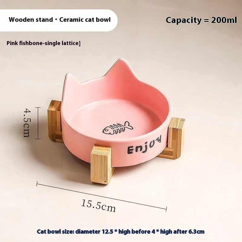 Porcelain cat food and water bowl set with wooden anti-tumble frame in various colours