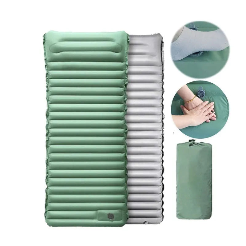 Single inflatable camping mattress in grey or black colour showing 195cm length and 10cm thickness