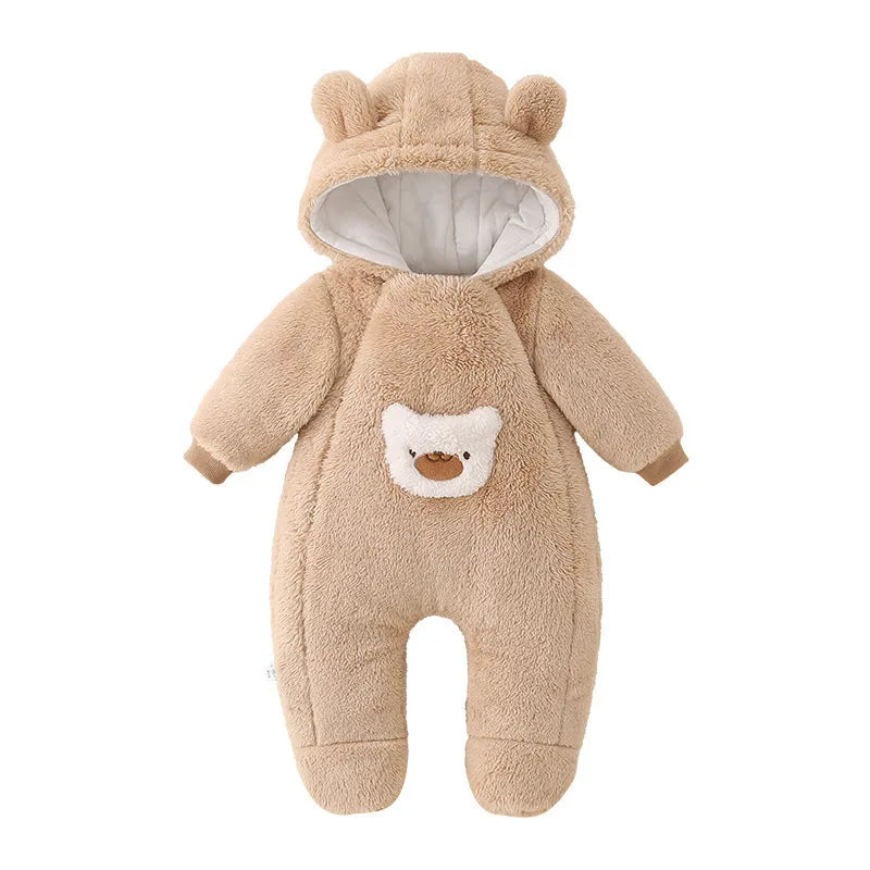 Unisex baby jumpsuit in milky white thickened polyester with front zipper closure