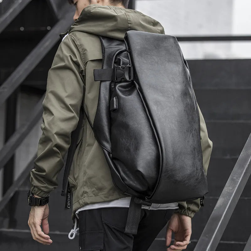 Black PU leather men's shoulder bag with square shape, car suture detail, and double straps