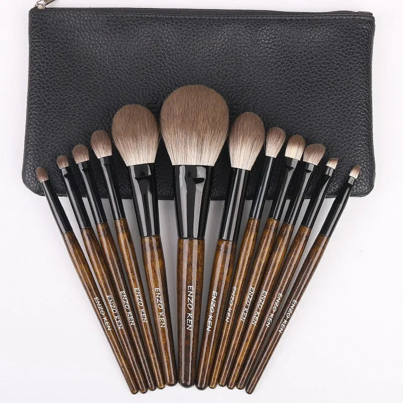 12-piece makeup brush set with wooden handles in portable PU case