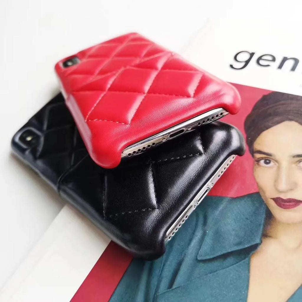 Genuine leather iPhone case in black, pink, and red colours for XS Max and iPhone 6-8 Plus models.
