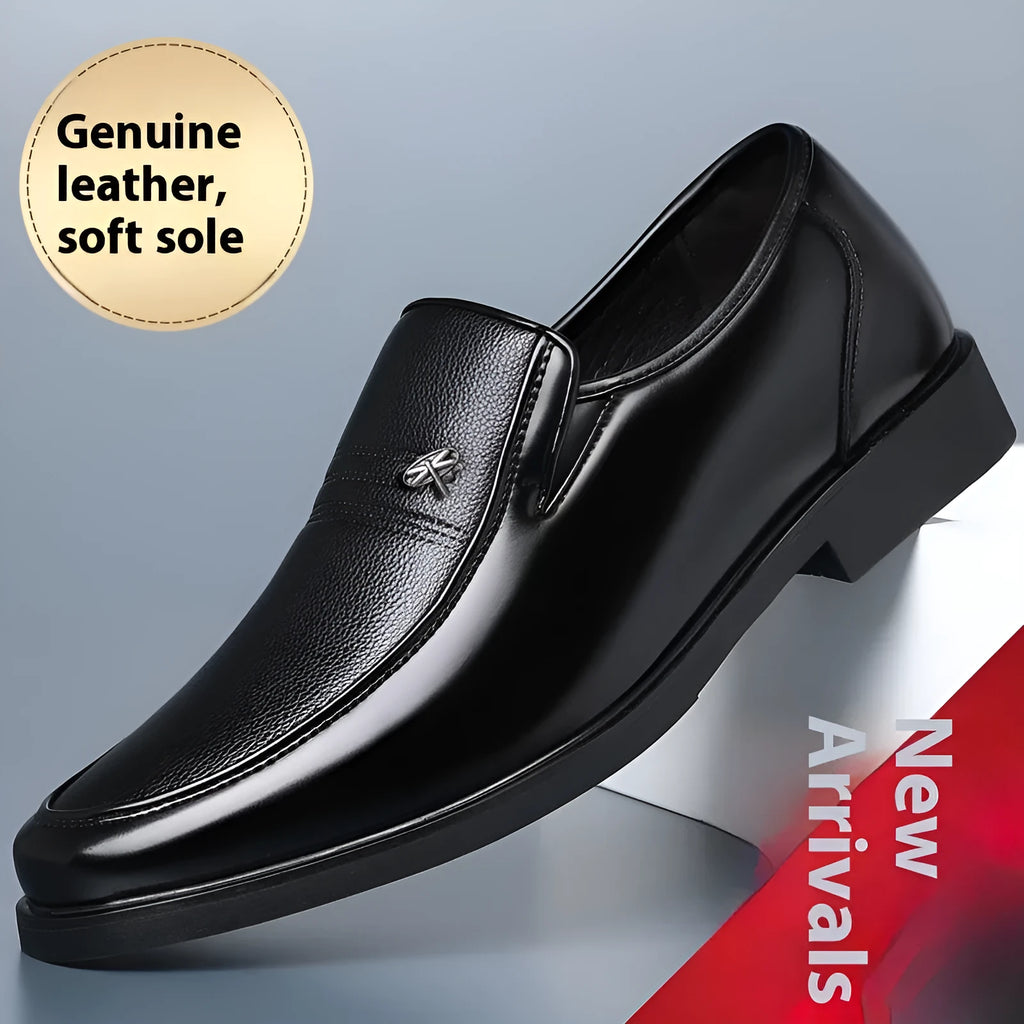 Casual men's leather business soft bottom shoes in black brown with stitching, cowhide upper, low top design