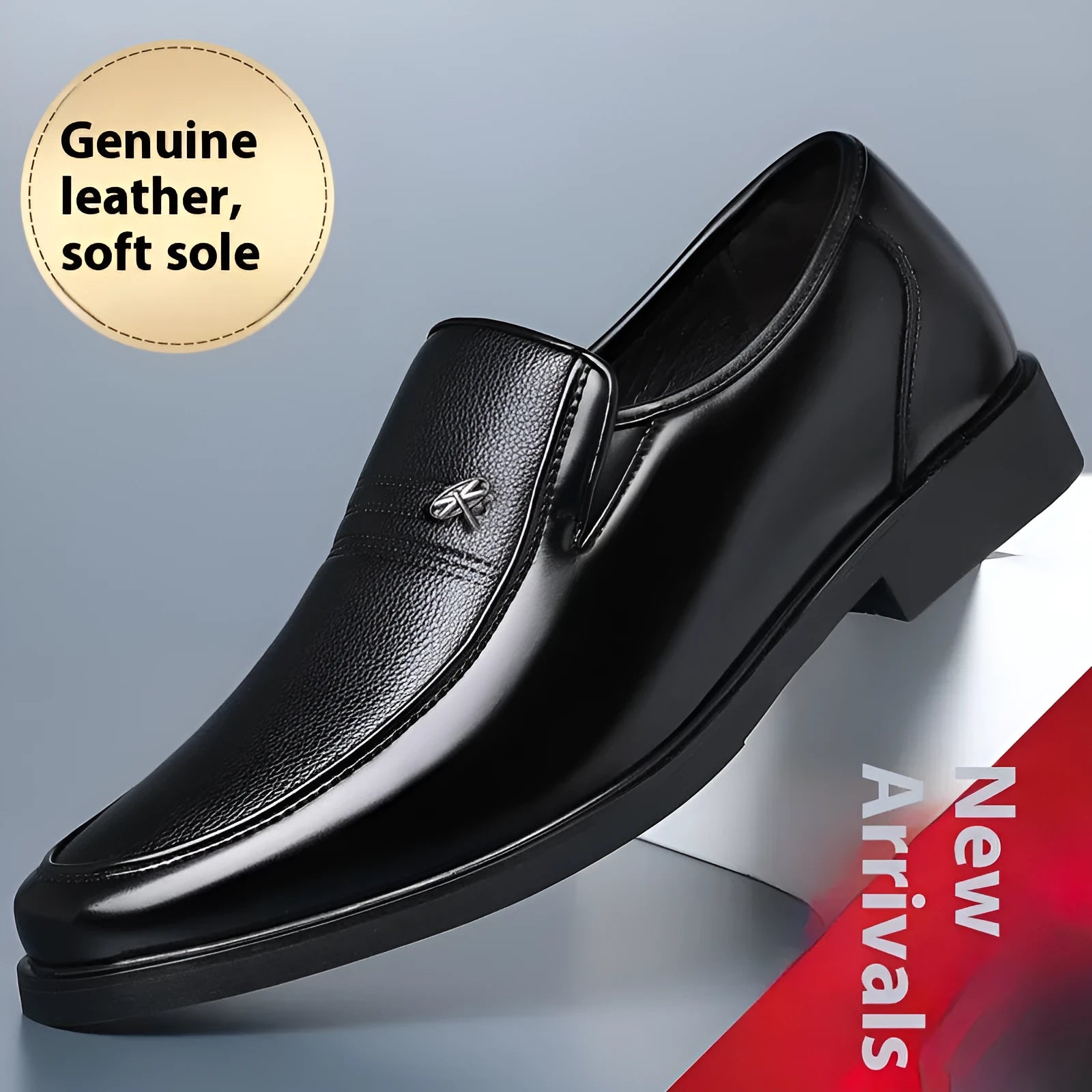 Casual men's leather business soft bottom shoes in black brown with stitching, cowhide upper, low top design