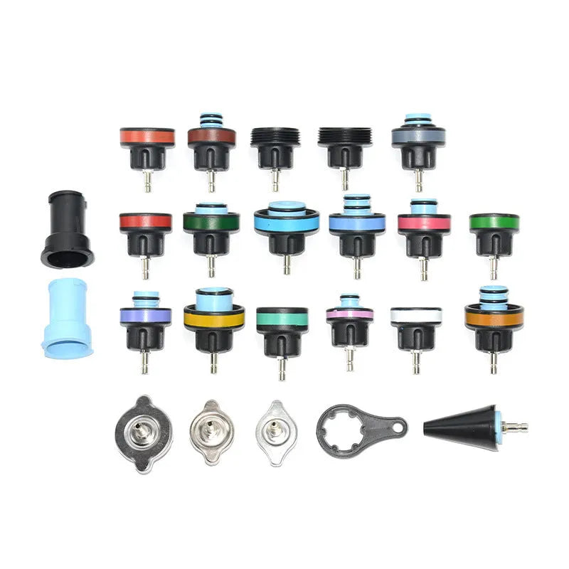 Blue automotive radiator pressure testing kit with 28 pieces including vacuum purge tools