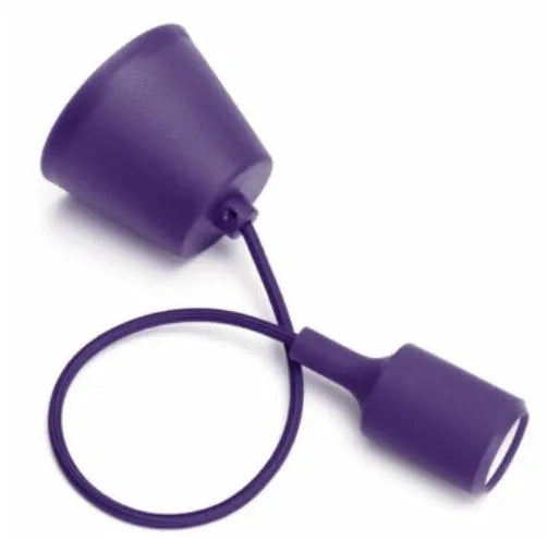 Silicone pendant light holder with black cord and E27 socket next to white and blue colour variants.