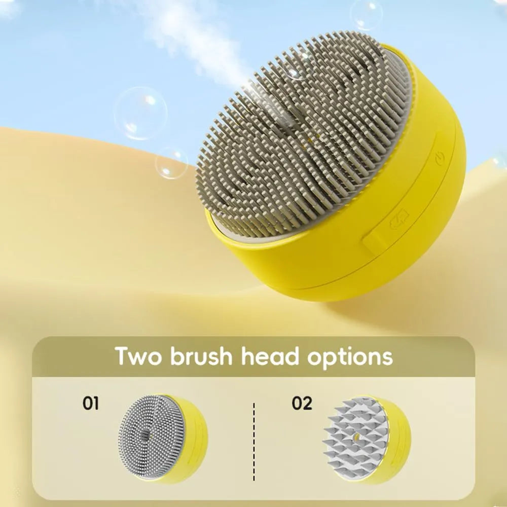 Green rechargeable steam brush for grooming cats and dogs on a white background.