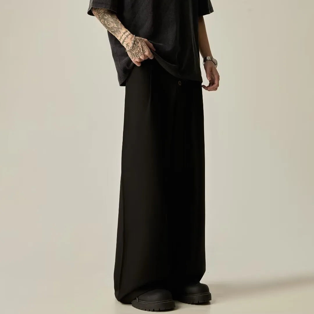 Men's black cotton blend straight-leg wide casual trousers with an elastic mid waist.