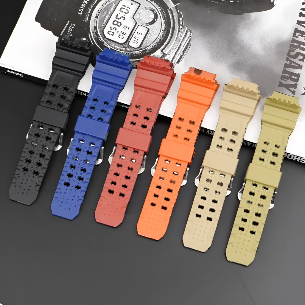 Camouflage pattern TPU rubber watch strap with silver buckle for G-Shock-style watches.