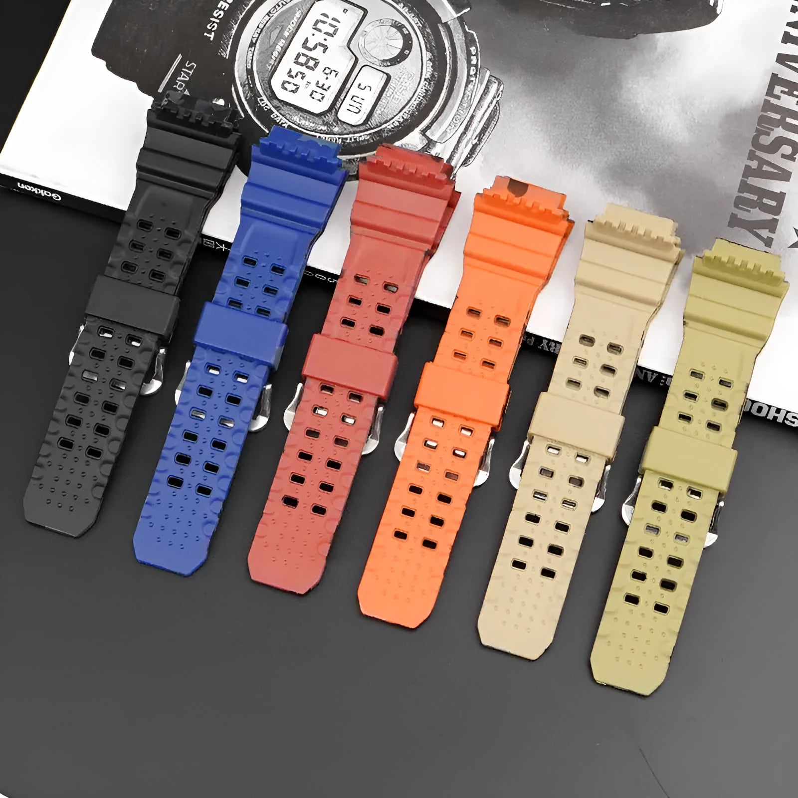 Camouflage pattern TPU rubber watch strap with silver buckle for G-Shock-style watches.