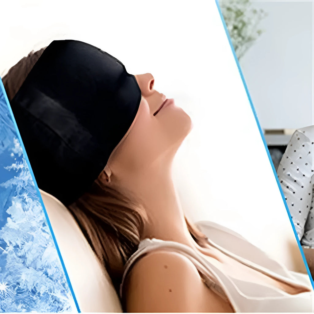 Reusable black gel eye mask for headache relief with adjustable headband