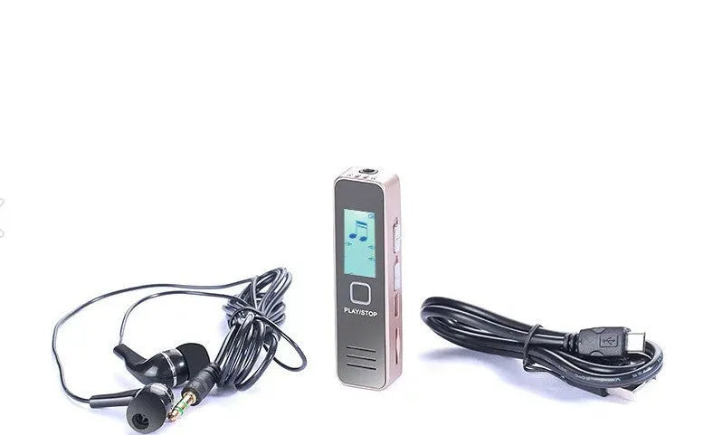 Small black or gold plastic portable digital voice recorder with display