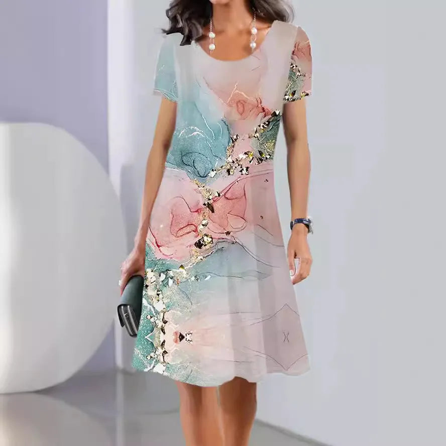 Light blue floral print Ice Silk summer dress with round neck and short sleeves on a mannequin.
