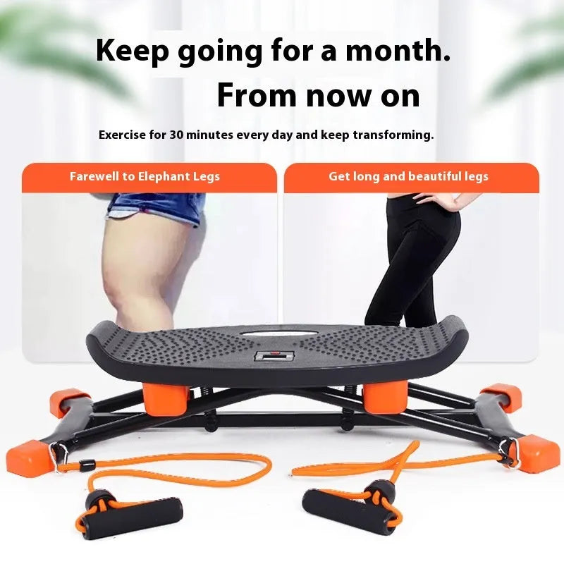 Black JS101A mini indoor fitness skiing machine with elastic hand straps on a flat surface.