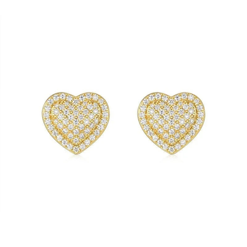Heart-shaped moissanite stud earrings in gold-plated silver with minimalist design