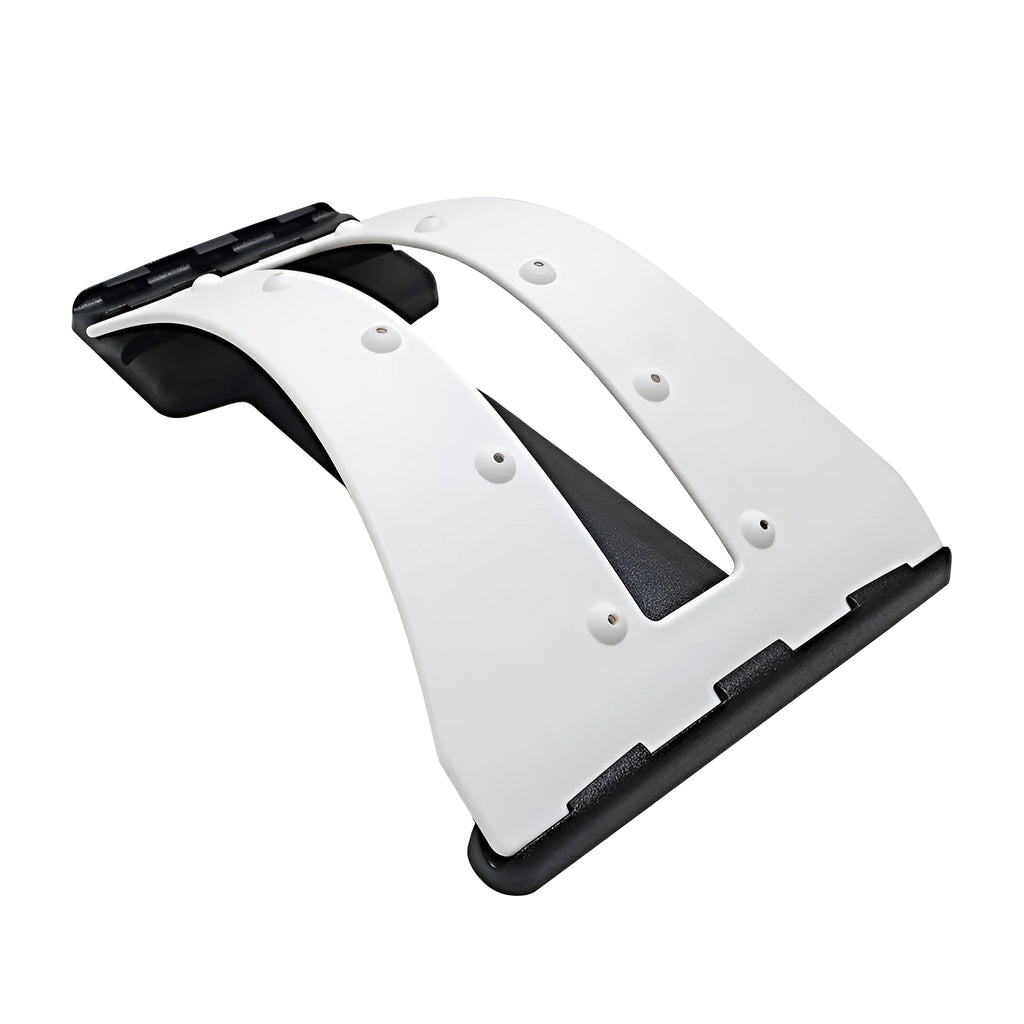 Portable lumbar massage spine stretching support in white and black with massage magnet
