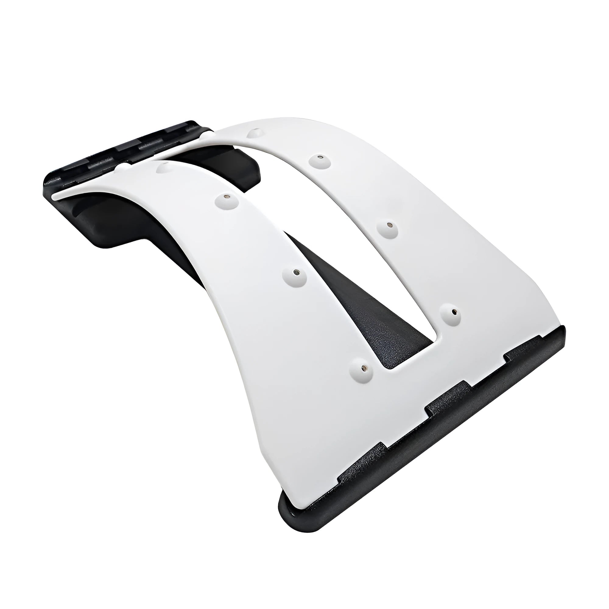 Portable lumbar massage spine stretching support in white and black with massage magnet