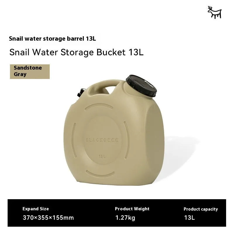 Green collapsible camping water storage tank shown in 13-litre snail and 18-litre backpack styles