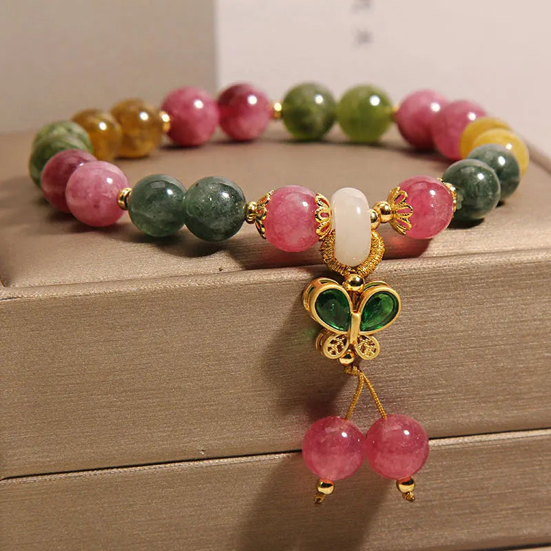 Colourful tourmaline butterfly pendant bracelet with alloy setting and rhinestone accents