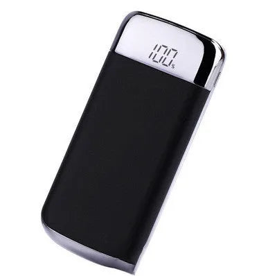 Square aluminium case power bank with battery display showing five colour options: black, blue, gold, pink, white