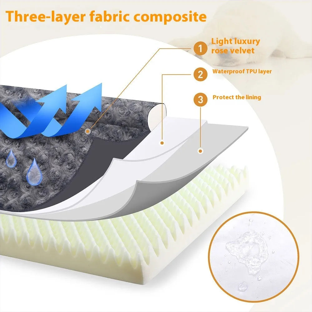 Grey U-shaped dog bed with a removable embossed velvet cover and deep sponge bolster.