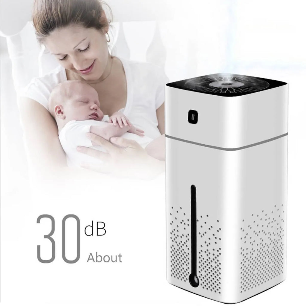 Black and white USB desktop humidifier with 1000ml capacity on desk