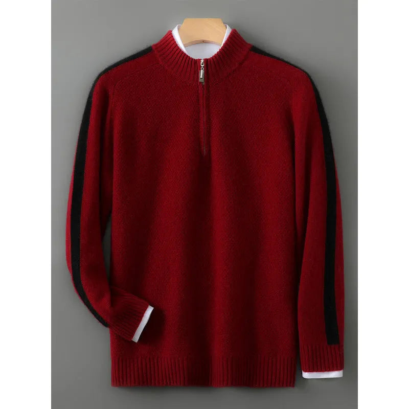 Sheep wool half-zip round neck knitted sweater in slim fit plus size design