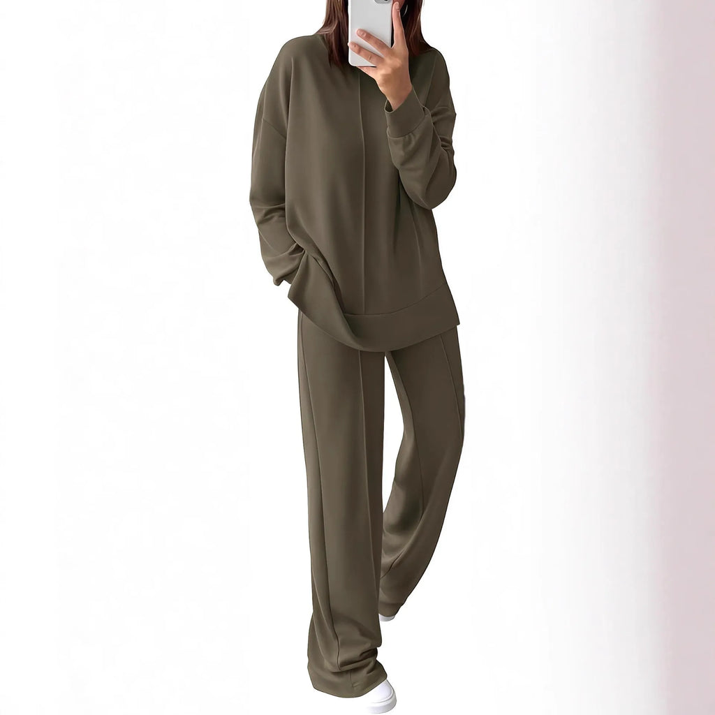 Women's long sleeve polyester jogging suit in army green, showing the full two-piece set.