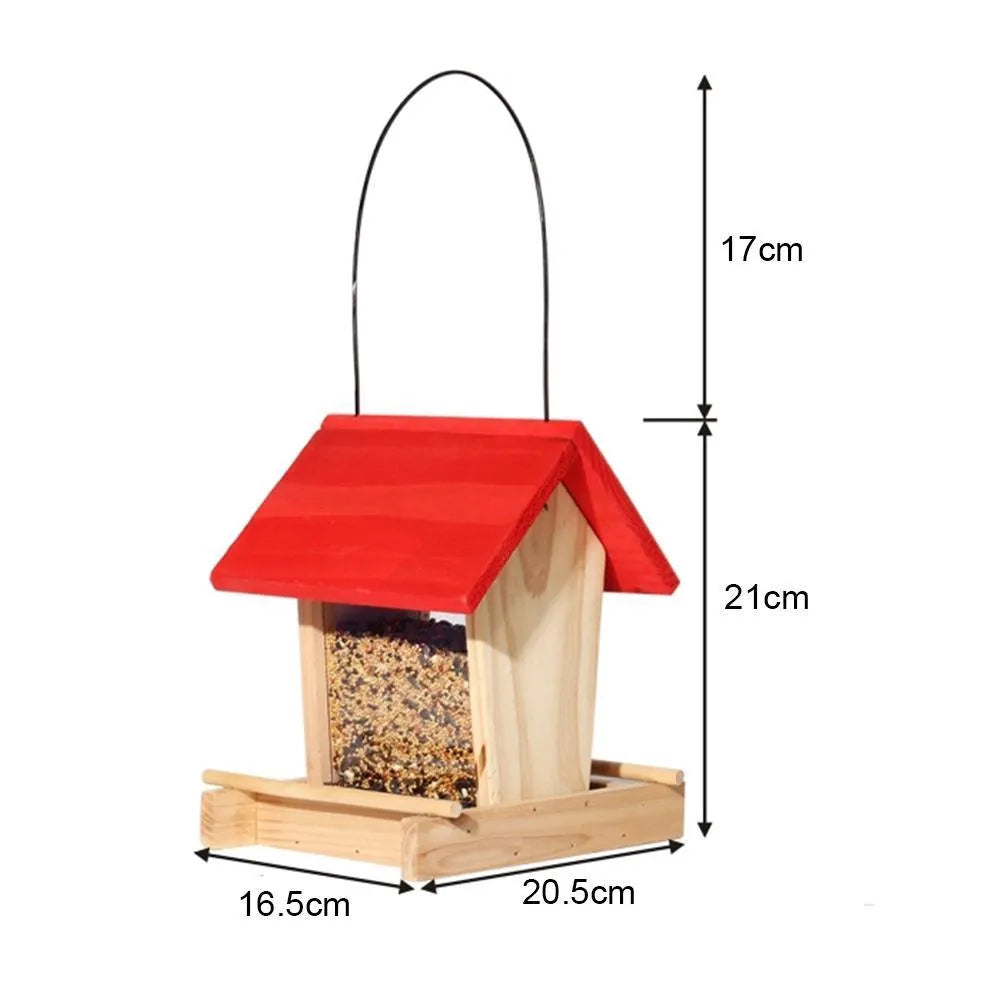 Suspended rain-proof bird feeder with red roof and log texture design