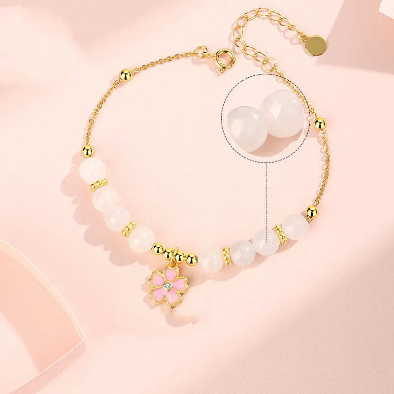 Pink S925 silver bracelet with cherry blossom pendant and Hetian jade beads