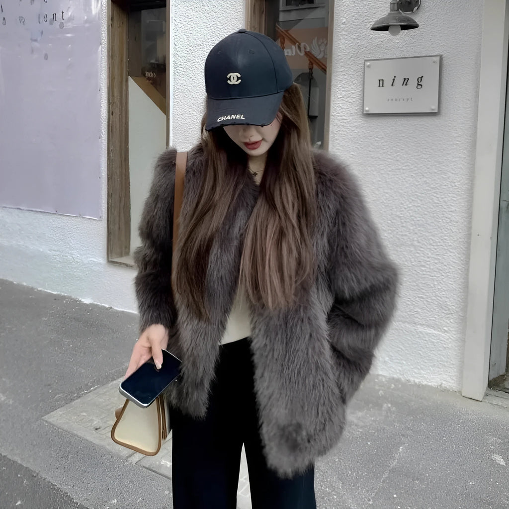 Women's chenille coat in brown with princess sleeves, medium length 50cm