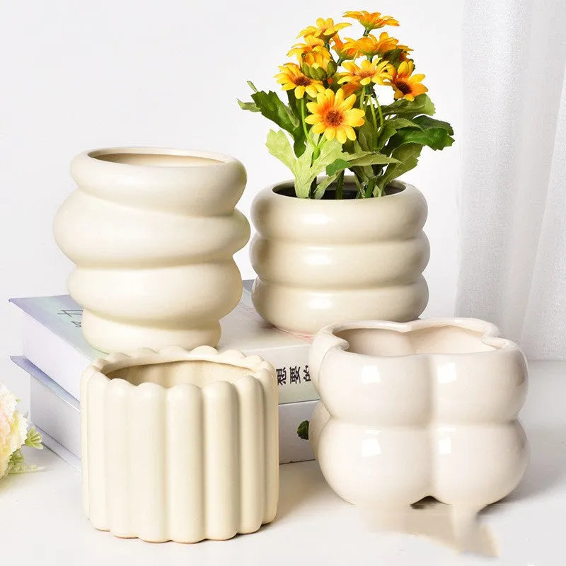 Roman column matte yellow ceramic flowerpot with luminous transparent finish for plant display