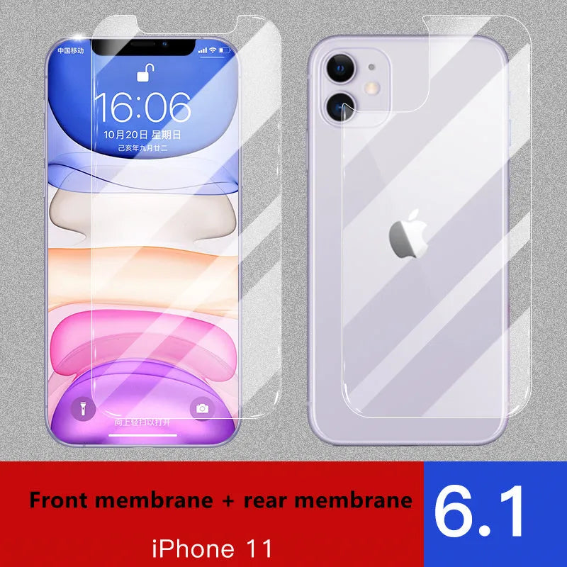 iPhone tempered glass screen protector set showing front and rear films for 11, X, and XR models.
