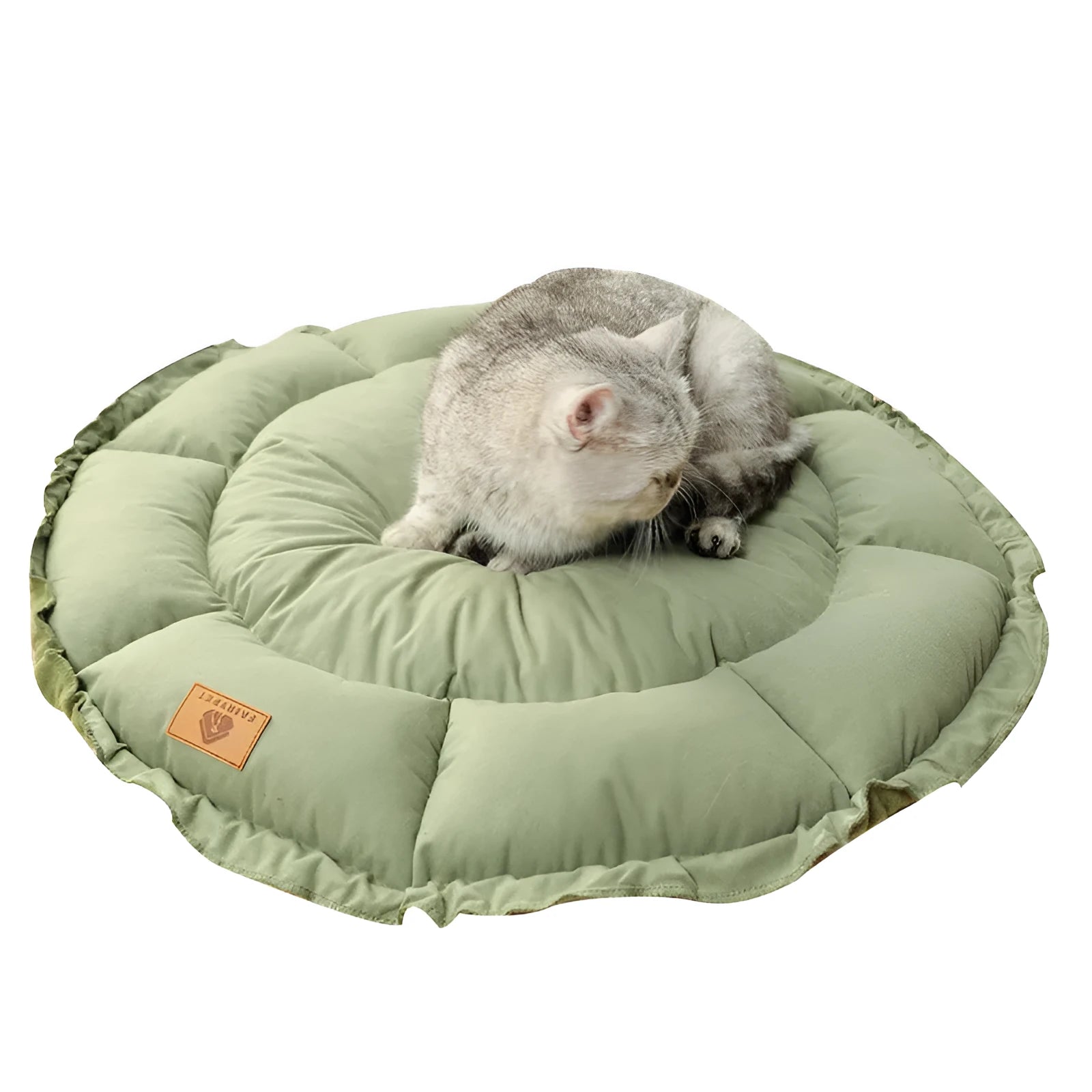 Grey and green reversible donut cat bed shown in three sizes for indoor cats and small dogs