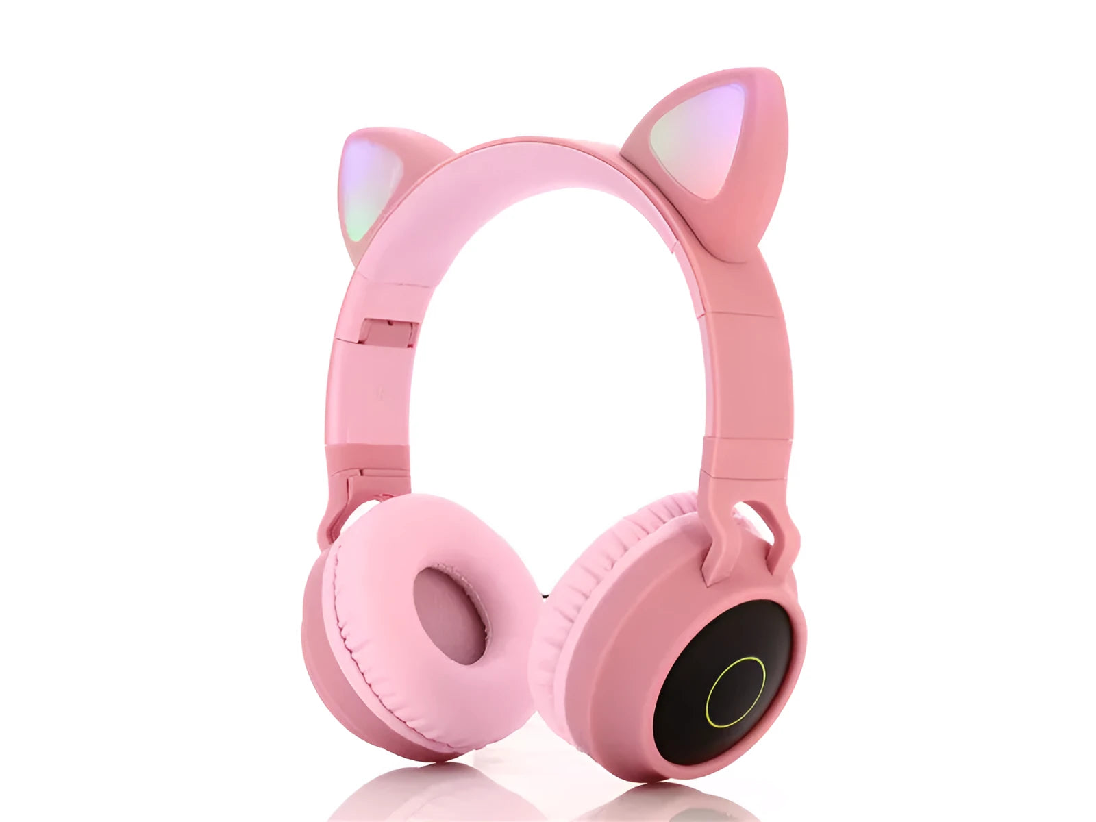 Pink cartoon-style wireless Bluetooth headset with cat ears on the headband, showing bilateral earcups.