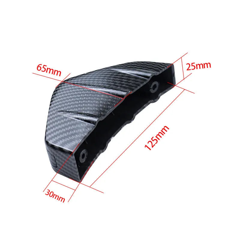 Black triangular ABS rear spoiler for cars with mounting hardware on white background