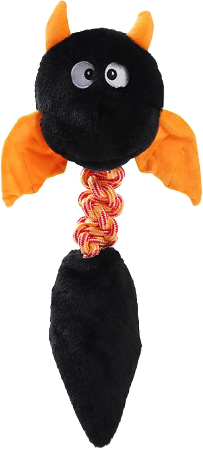 Large black, green, or red plush dog toy with cartoon design, measuring 44cm, featuring a squeaker and rope knot.