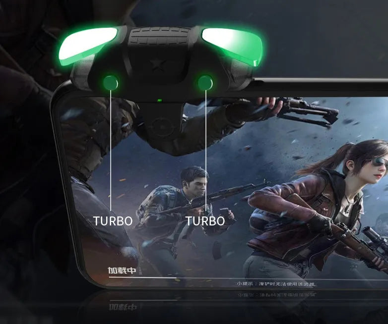 Black F5 mobile game controller for smartphones showing its compact size and button layout.