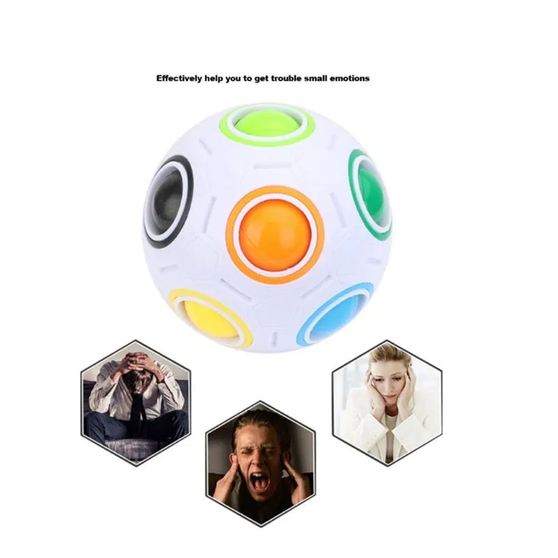 A 5.5 cm diameter rainbow-coloured plastic puzzle ball with a hexagon pattern.