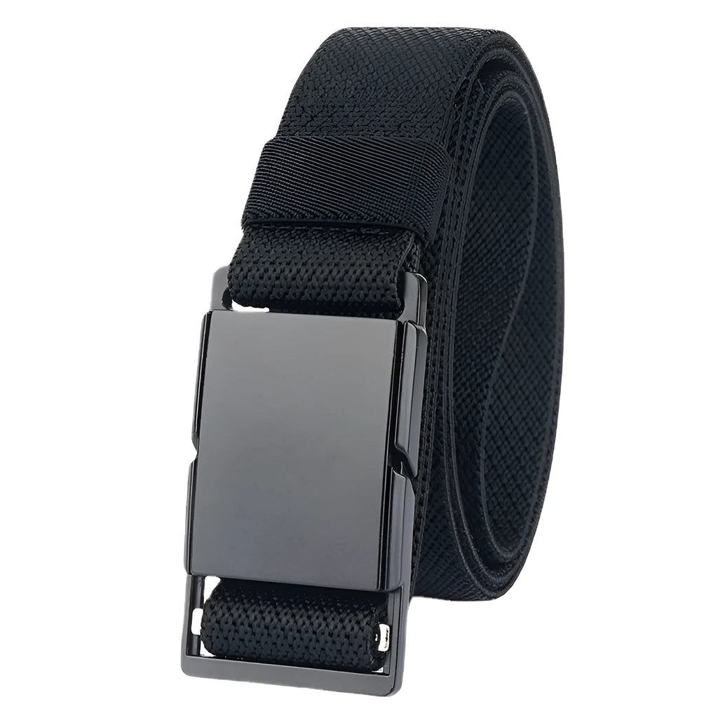 Casual polyester belt with a metal magnetic buckle in one of five colours: black, brown, dark grey, dark khaki, or army green.