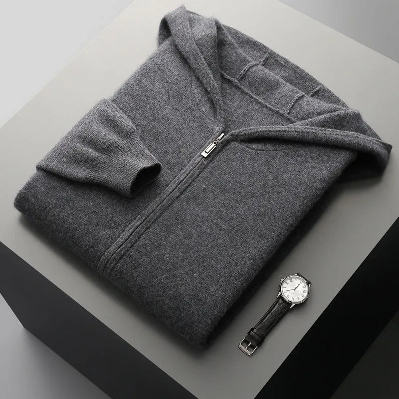 Men's wool coat casual pants suit hooded thickening long sleeve in light gray