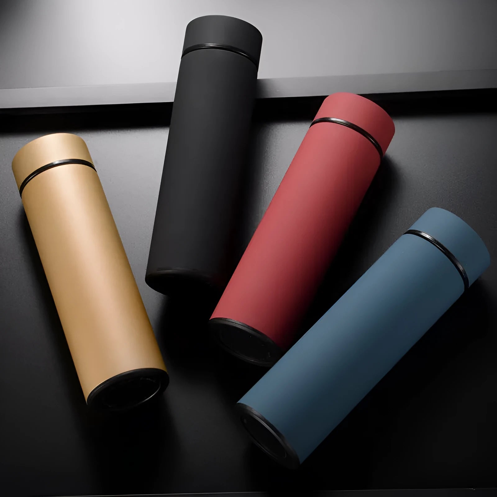 450ml stainless steel vacuum insulated water bottle in black, red, gold or blue with arrow mouth