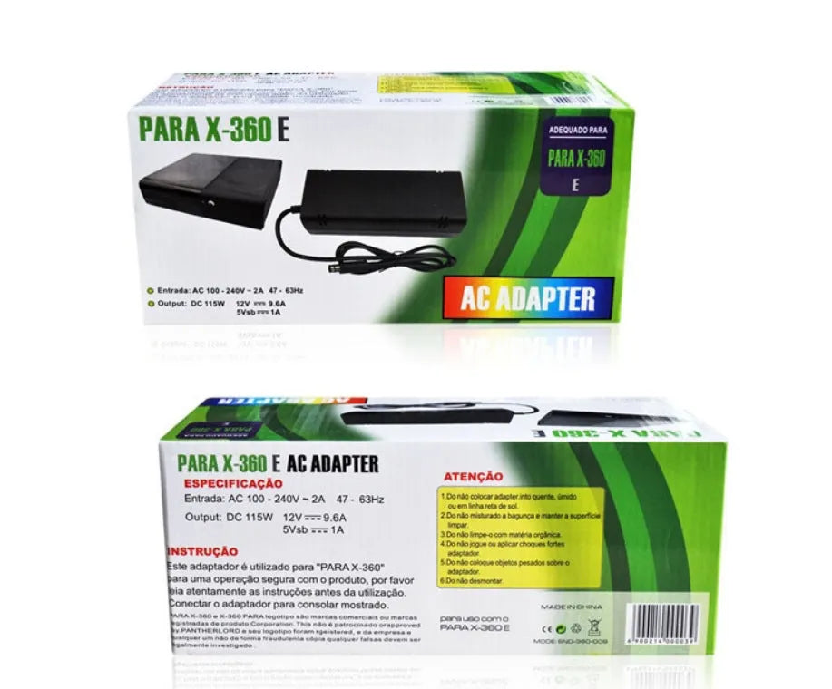 Black XBOX360E AC power adapter with choice of EU, UK, or US plug styles for Microsoft console