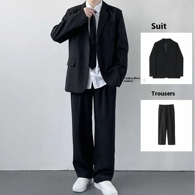 Men's plus size three-piece suit set with jacket, trousers, shirt and tie in college style