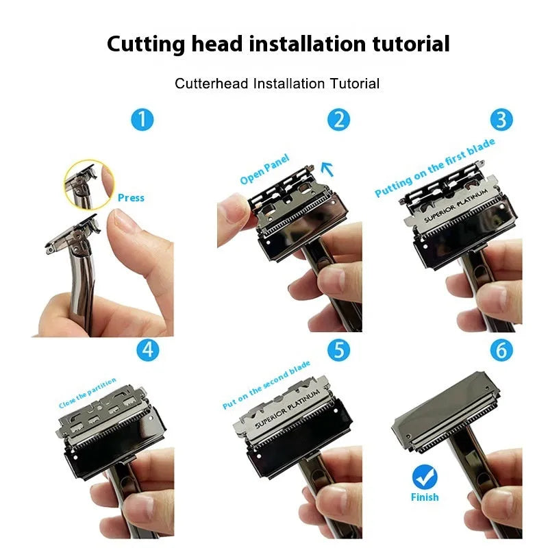 Double-layer half-blade manual shaver with suspension knife head in bronze, gun metal, silver, or gold-plated purple colour